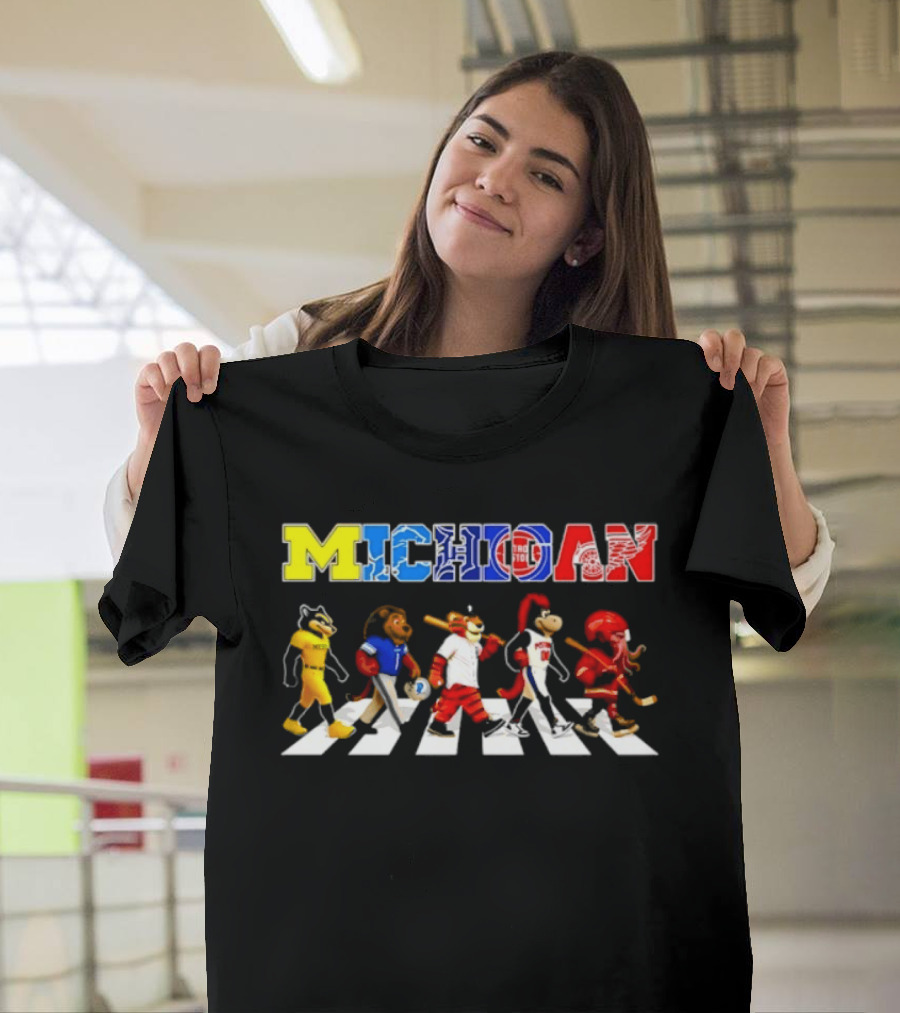 Michigan Sports Mascots Abbey Road Detroit Lions Pistons Tigers Red Wings Wolverine T-Shirt