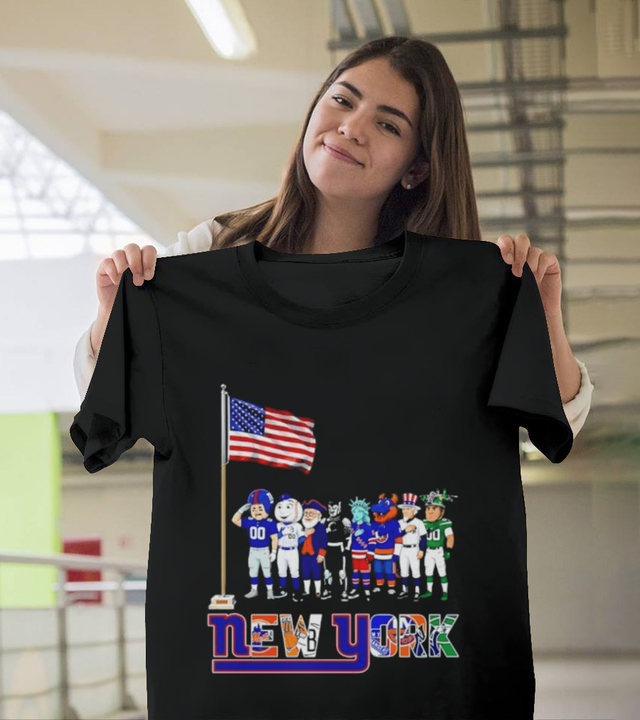 New York Sports Teams Mascots American Flag Giants Yankees Mets Rangers Knicks Jets T-Shirt