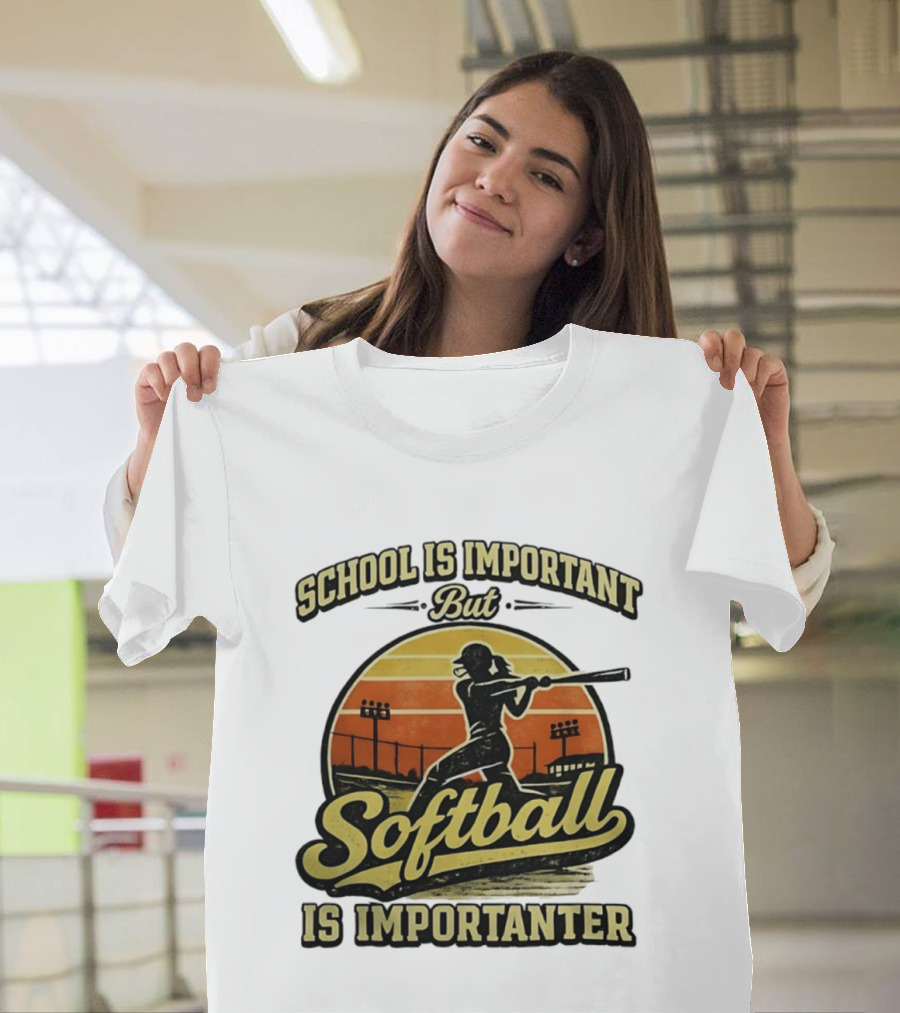 School Is Important But Softball Is Importanter Retro Silhouette Batter T-Shirt
