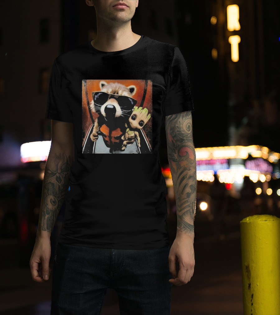 John Bates Raccoon And Baby Tree Alien With Sunglasses And Orange Suit T-Shirt