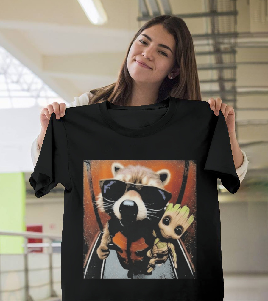 John Bates Raccoon And Baby Tree Alien With Sunglasses And Orange Suit T-Shirt