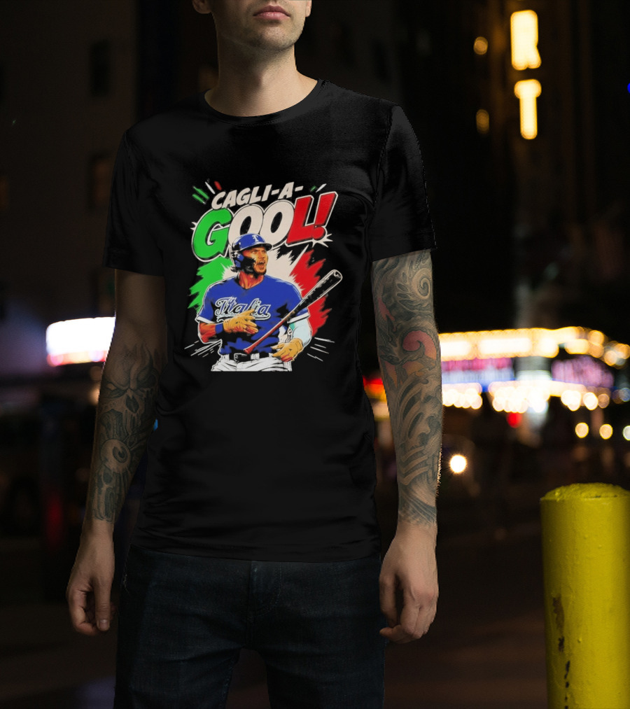 Cagli A Gool Italia Baseball Player Hitter With Italian Flag T-Shirt