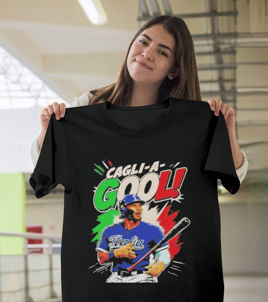 Cagli A Gool Italia Baseball Player Hitter With Italian Flag T-Shirt