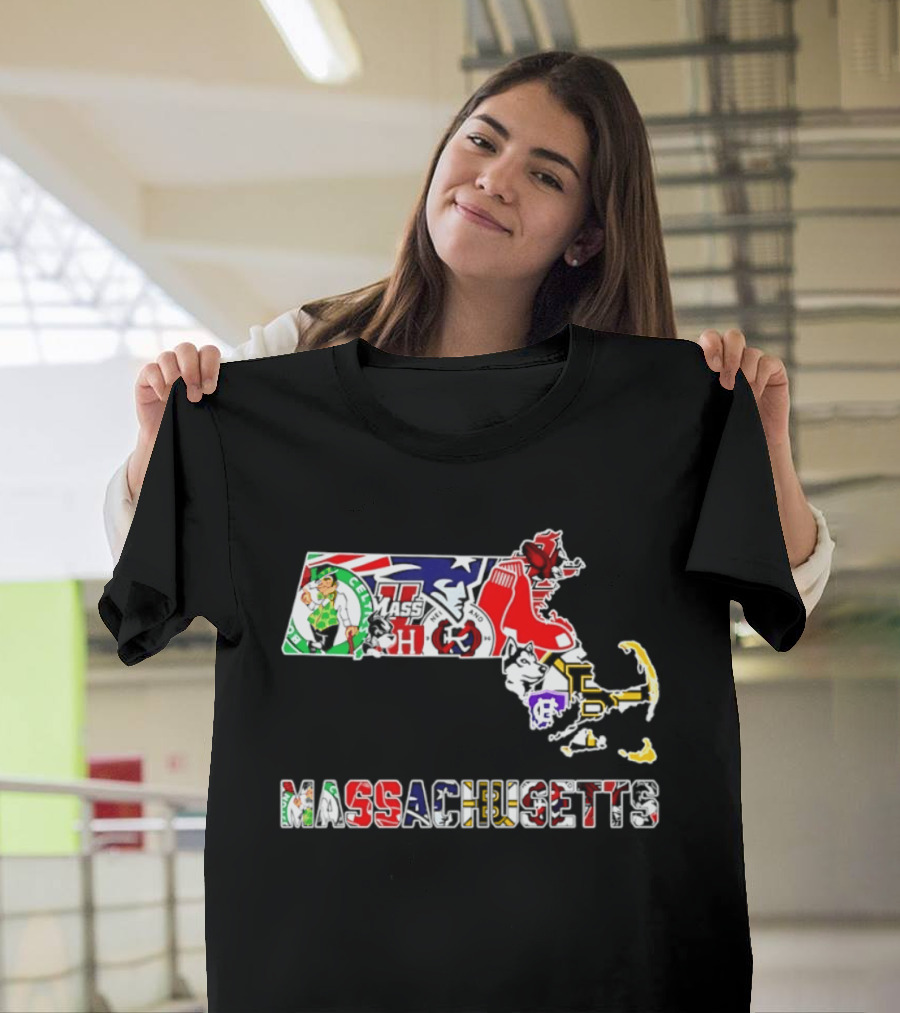 Massachusetts Sports Teams Collage Map Celtics Patriots Red Sox Bruins Revolution T-Shirt