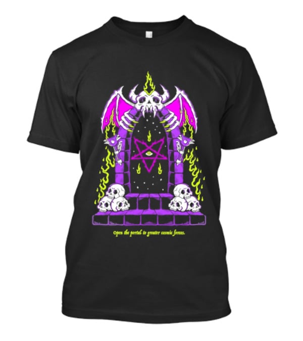 Open The Portal To Greater Cosmic Forces Pentagram Skull With Bat Wings And All Seeing Eye T-Shirt