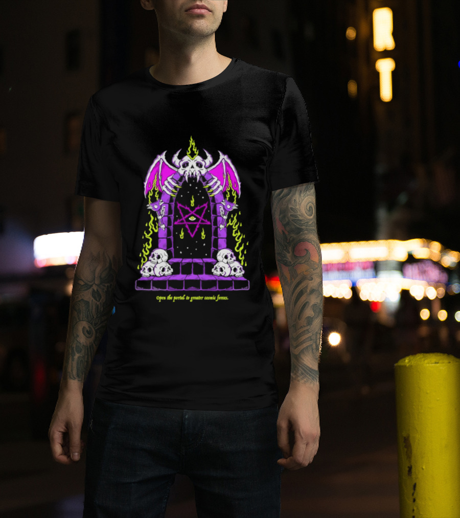 Open The Portal To Greater Cosmic Forces Pentagram Skull With Bat Wings And All Seeing Eye T-Shirt