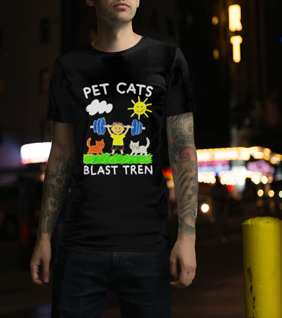 Pet Cats Blast Tren Bodybuilding Gym Child With Weights Sun And Clouds T-Shirt