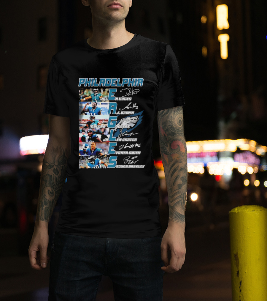 Philadelphia Eagles Jalen Hurts AJ Brown Dallas Goedert Jalen Carter DeVonta Smith Saquon Barkley Signatures Team T-Shirt