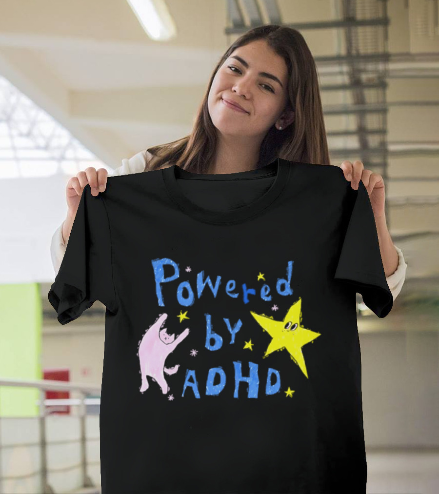 Powered By ADHD Neurodivergent Star And Cat With Yellow Stars T-Shirt