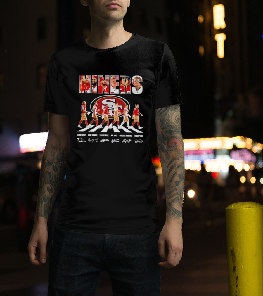 San Francisco 49ers George Kittle Jauan Jennings Ricky Pearsall Mac Jones Christian McCaffrey NINERS Walk NFL Legends Signatures T-Shirt