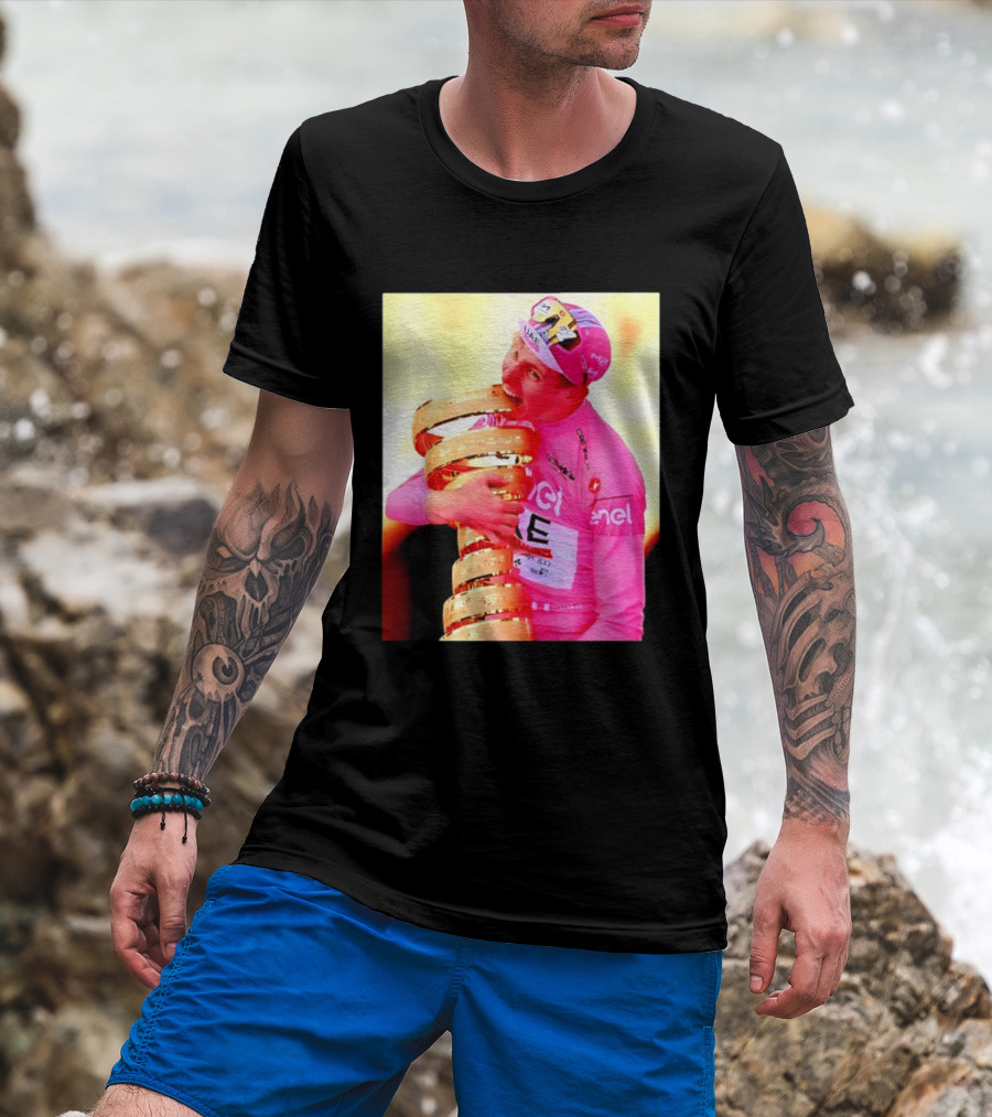 Tadej Pogacar 2024 Giro D'Italia Trophy Celebration In Pink Jersey T-Shirt
