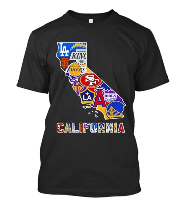 California Map Collage With 49ers Lakers Kings Giants Angels Dodgers Logos 2026 T-Shirt