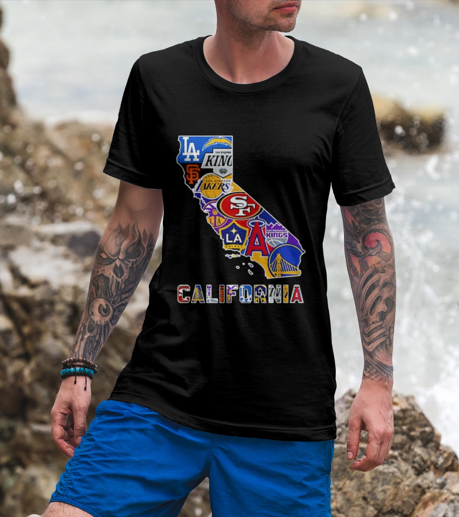 California Map Collage With 49ers Lakers Kings Giants Angels Dodgers Logos 2026 T-Shirt