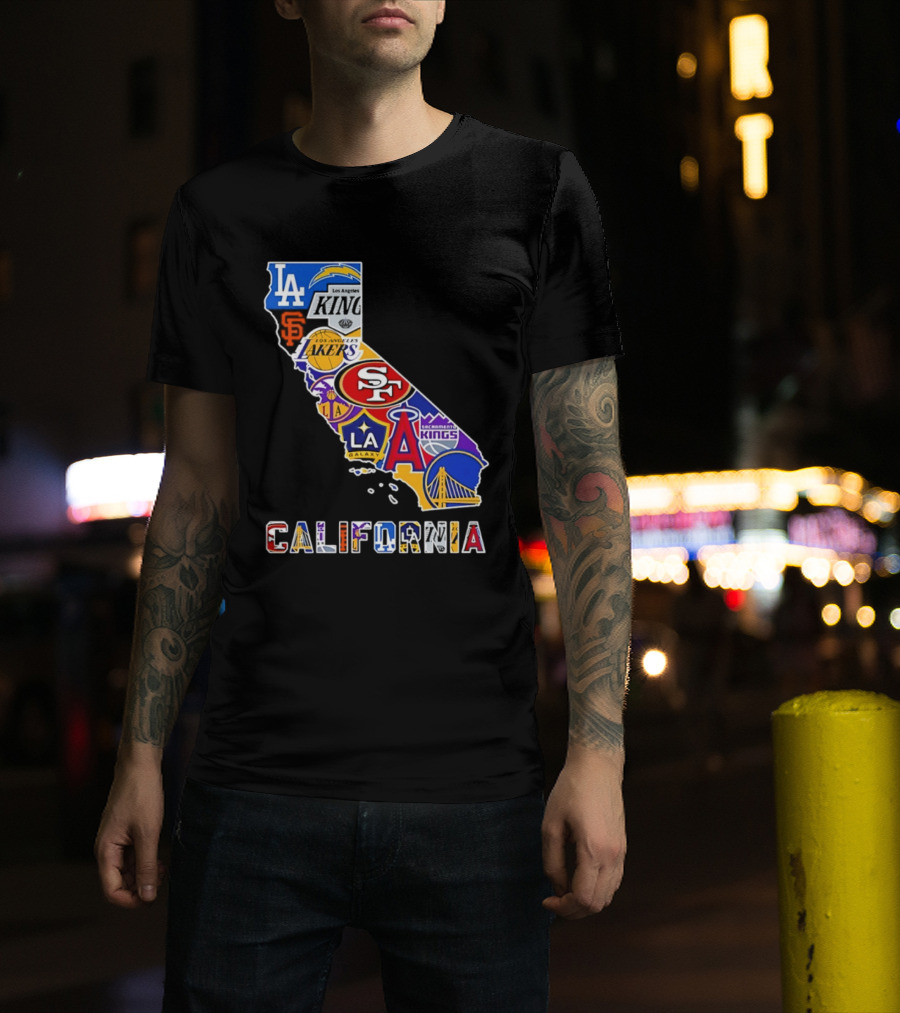 California Map Collage With 49ers Lakers Kings Giants Angels Dodgers Logos 2026 T-Shirt