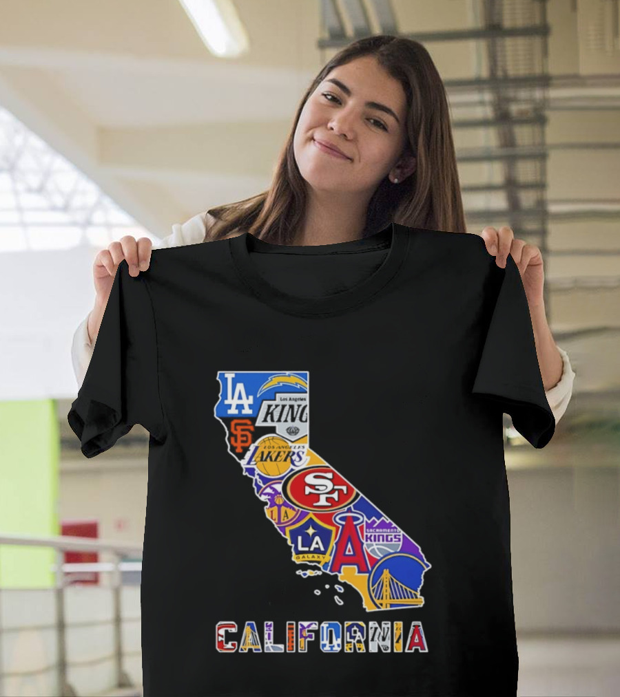 California Map Collage With 49ers Lakers Kings Giants Angels Dodgers Logos 2026 T-Shirt
