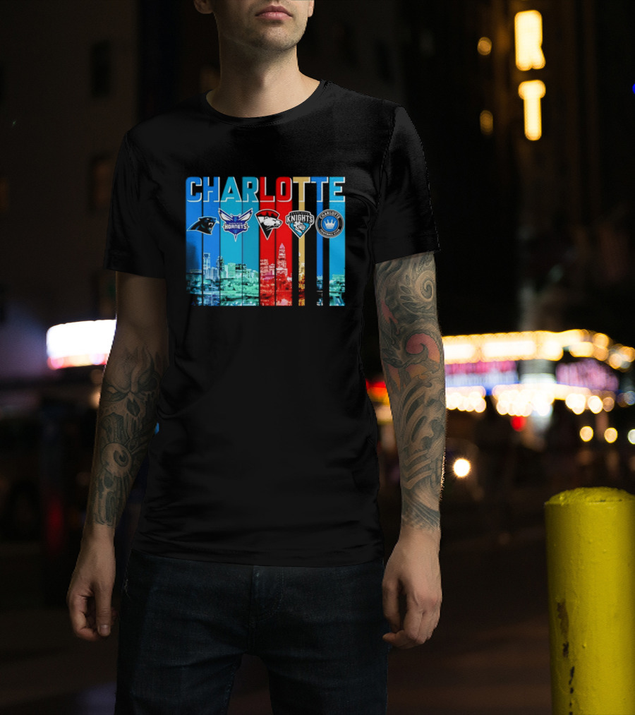 Charlotte Panthers Hornets Knights City Skyline Sports Team Logos T-Shirt