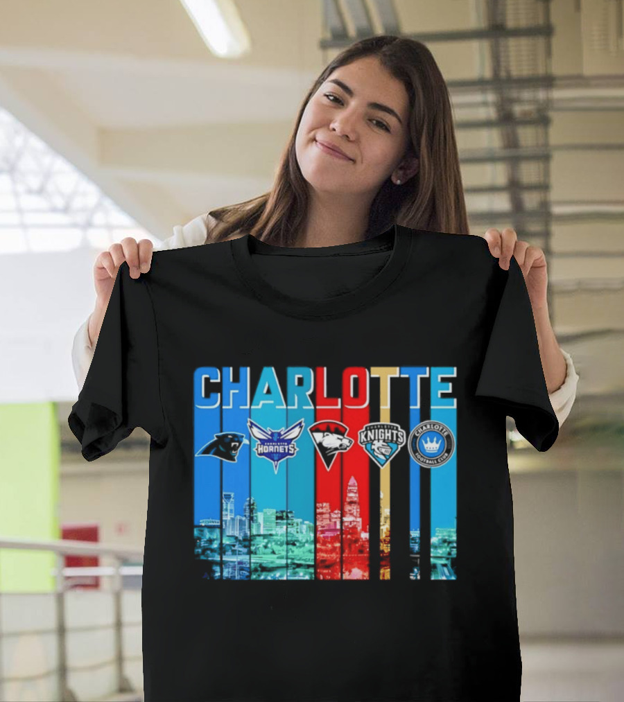 Charlotte Panthers Hornets Knights City Skyline Sports Team Logos T-Shirt