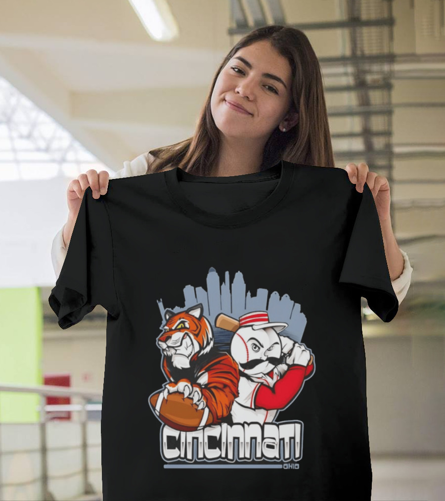 Cincinnati Reds Bengals Skyline Ohio Tiger And Baseball Character 2026 T-Shirt