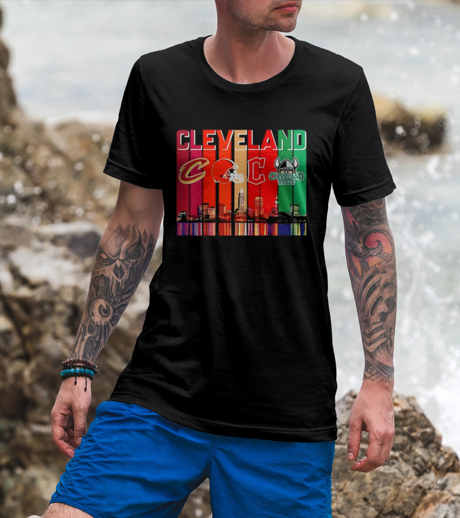 Cleveland Cavaliers Browns Guardians Cleveland State Vikings City Skyline T-Shirt