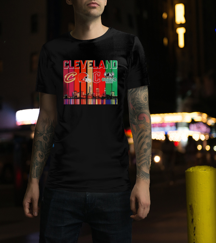 Cleveland Cavaliers Browns Guardians Cleveland State Vikings City Skyline T-Shirt