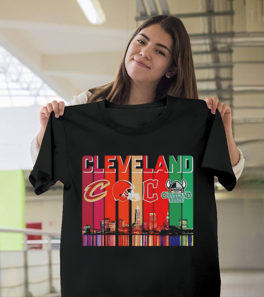 Cleveland Cavaliers Browns Guardians Cleveland State Vikings City Skyline T-Shirt