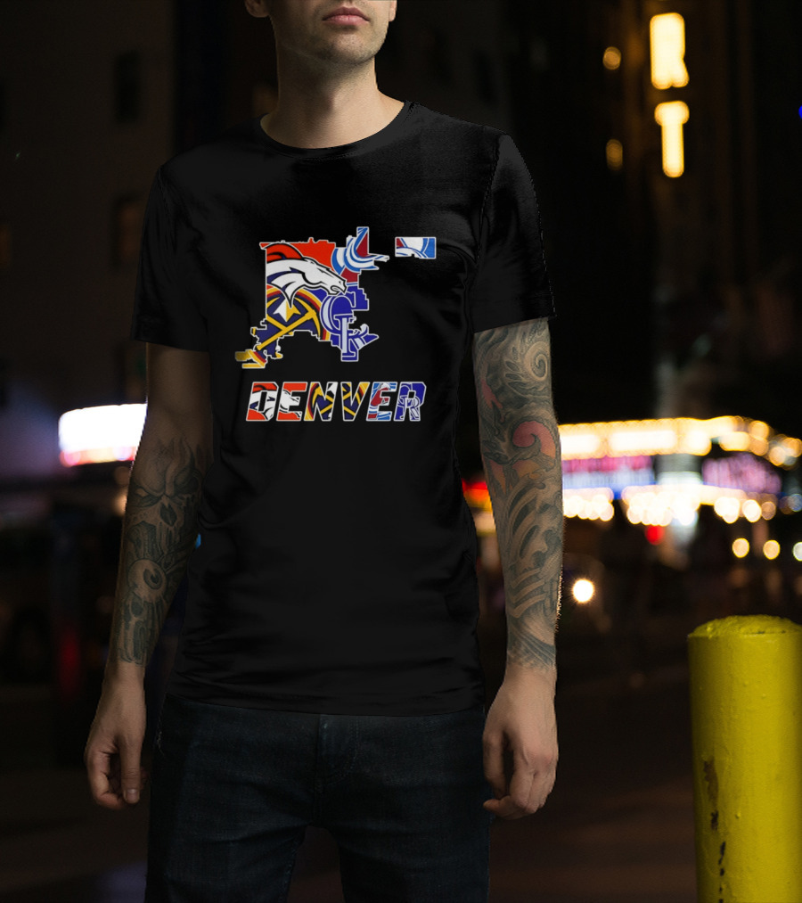 Denver Broncos Nuggets Avalanche Rockies Map Sports Team Logos T-Shirt