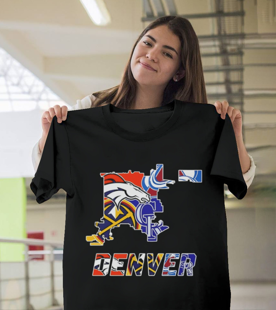 Denver Broncos Nuggets Avalanche Rockies Map Sports Team Logos T-Shirt