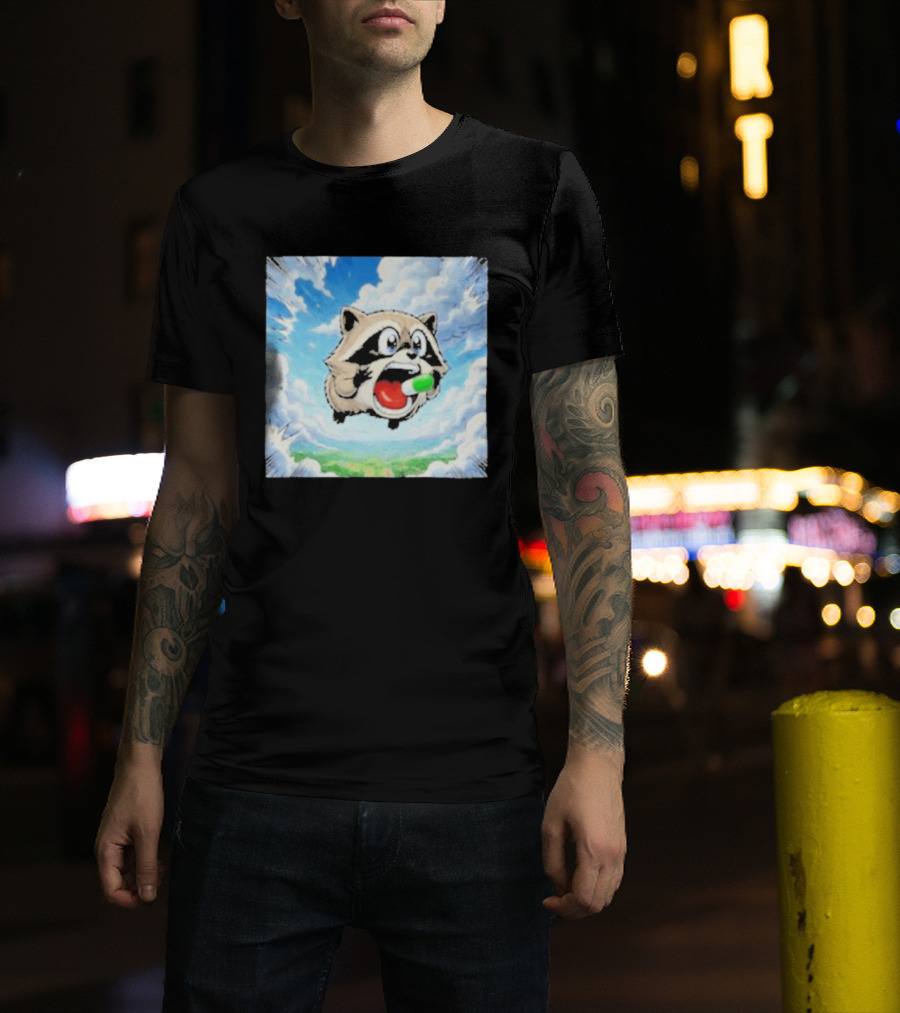 Jimothy Raccoon Cartoon Sky Dive With Colorful Capsule T-Shirt