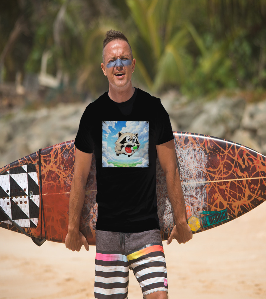Jimothy Raccoon Cartoon Sky Dive With Colorful Capsule T-Shirt