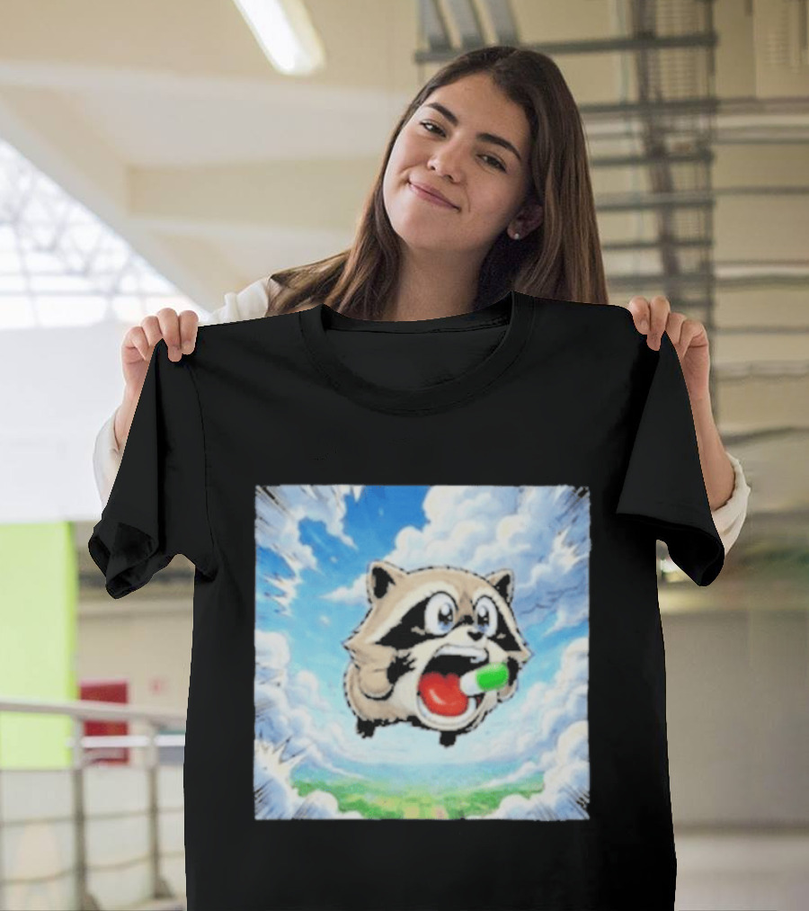 Jimothy Raccoon Cartoon Sky Dive With Colorful Capsule T-Shirt