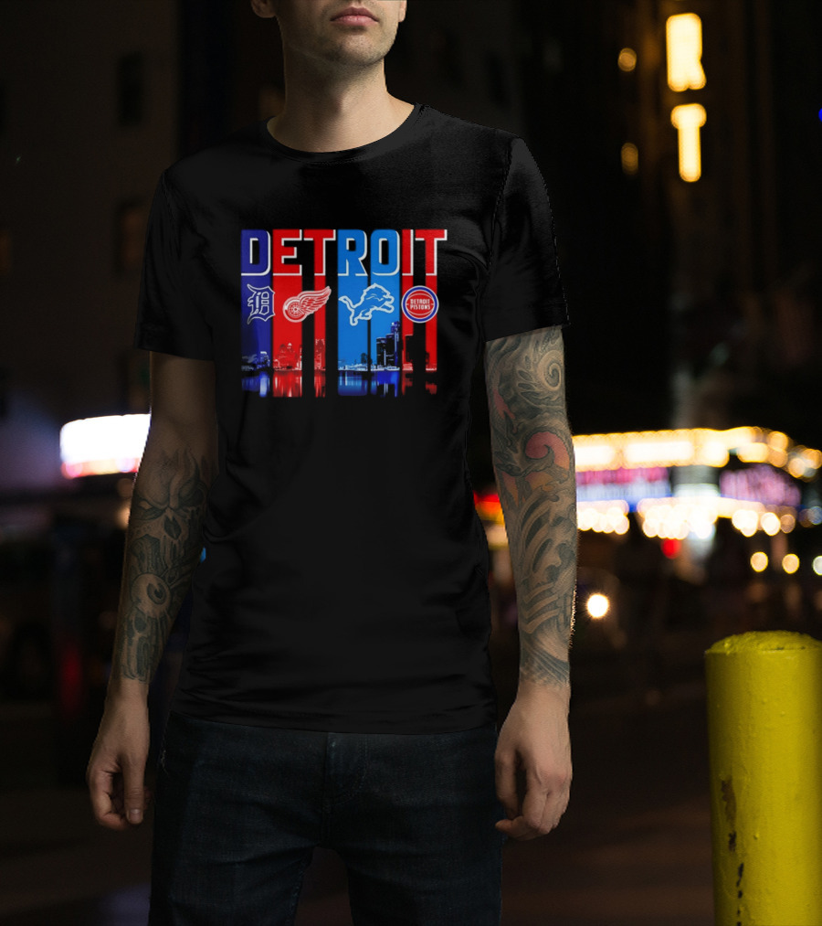 Detroit Tigers Red Wings Lions Pistons City Skyline 2026 T-Shirt
