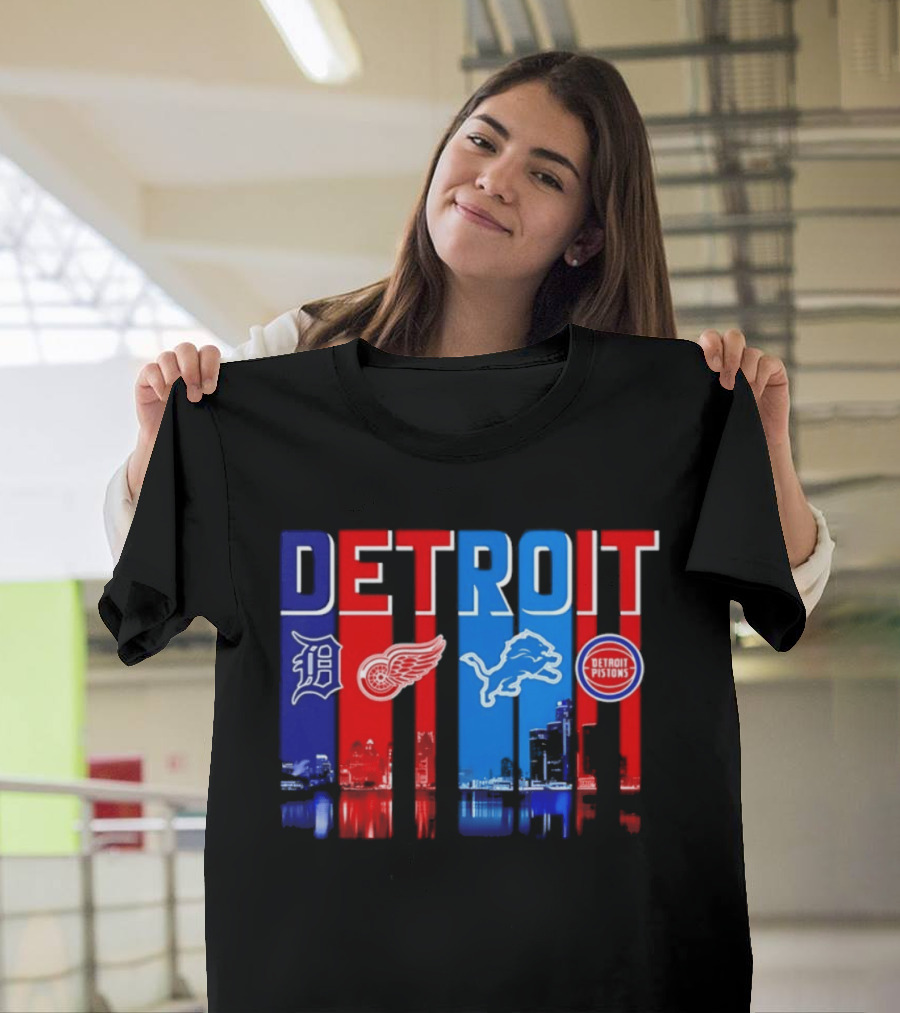 Detroit Tigers Red Wings Lions Pistons City Skyline 2026 T-Shirt