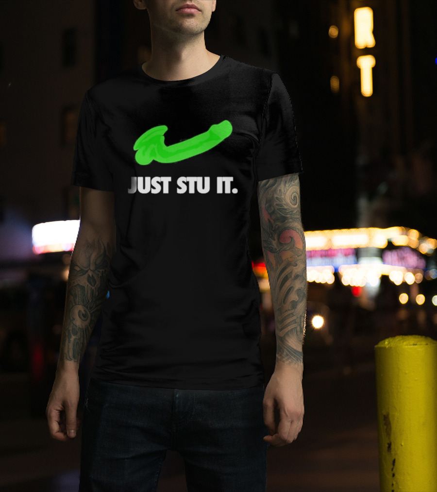 Just Stu It Green Swoosh Iconic Phrase T-Shirt