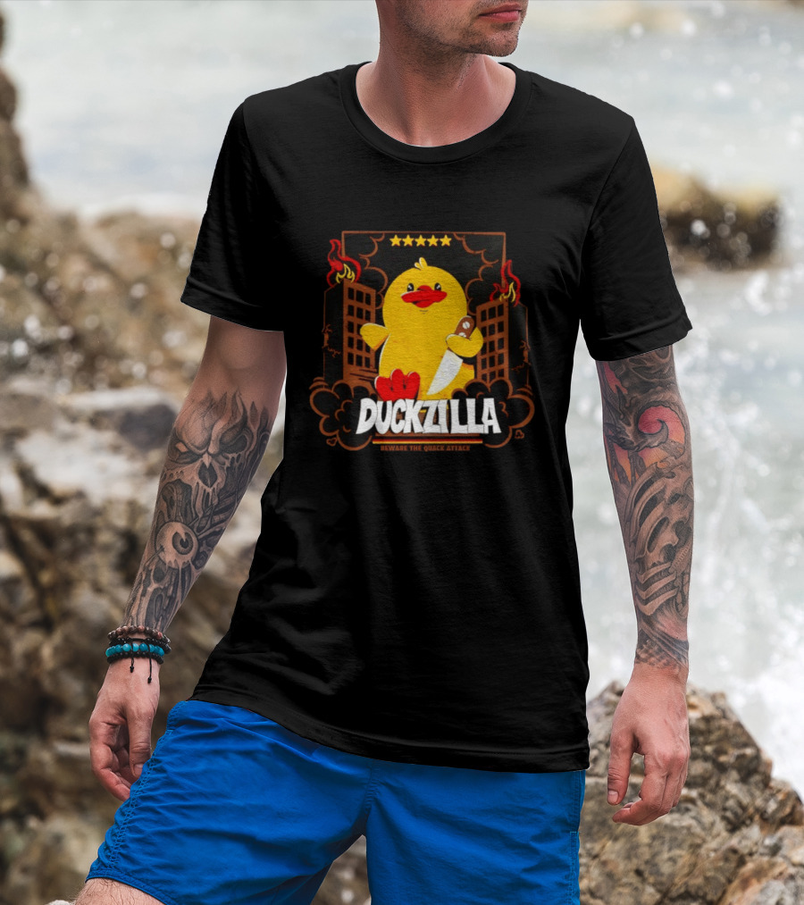 Duckzilla Beware The Quack Attack Knife Wielding Giant Duck With Burning Buildings T-Shirt