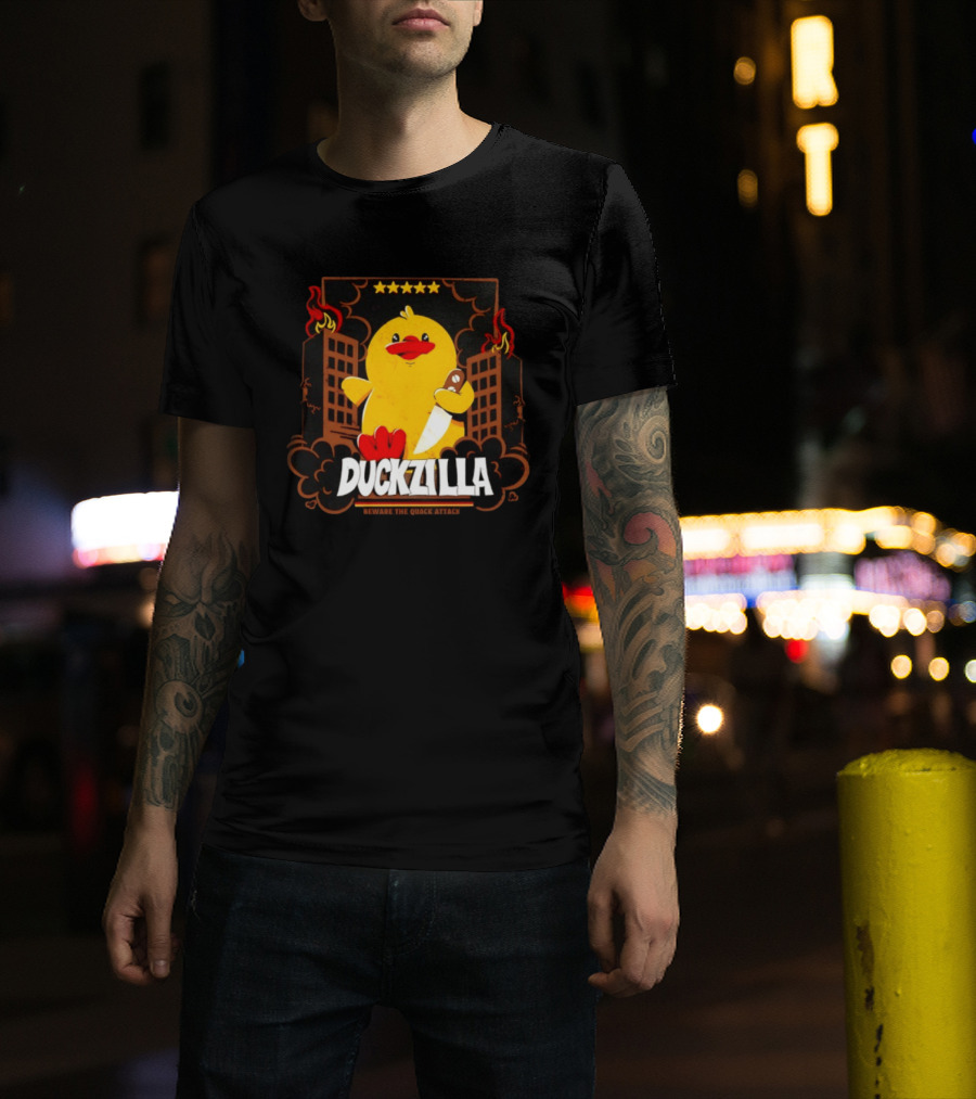 Duckzilla Beware The Quack Attack Knife Wielding Giant Duck With Burning Buildings T-Shirt
