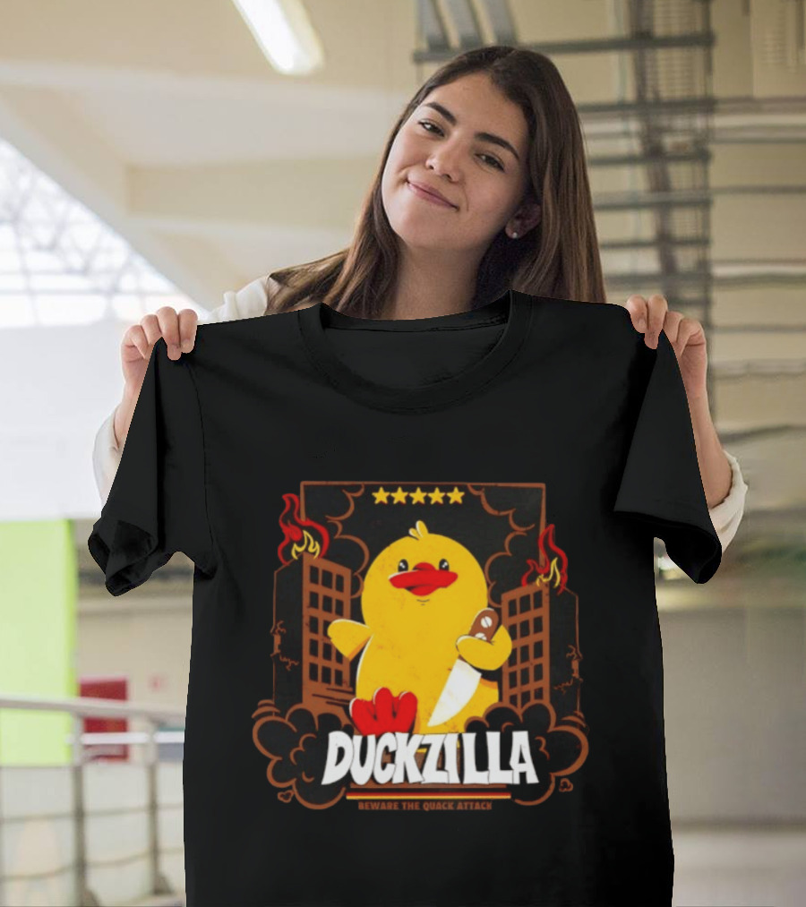 Duckzilla Beware The Quack Attack Knife Wielding Giant Duck With Burning Buildings T-Shirt