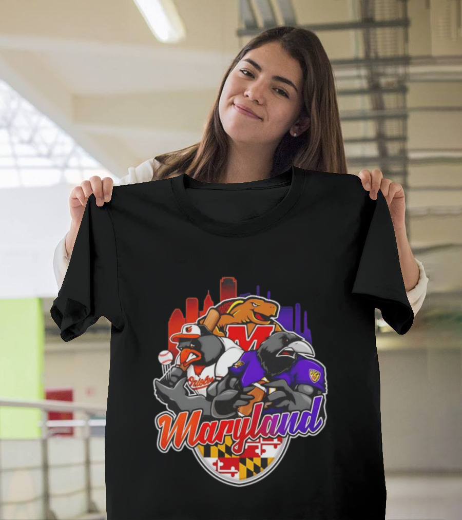 Maryland Orioles Ravens Terrapins Skyline Mashup With Flag T-Shirt