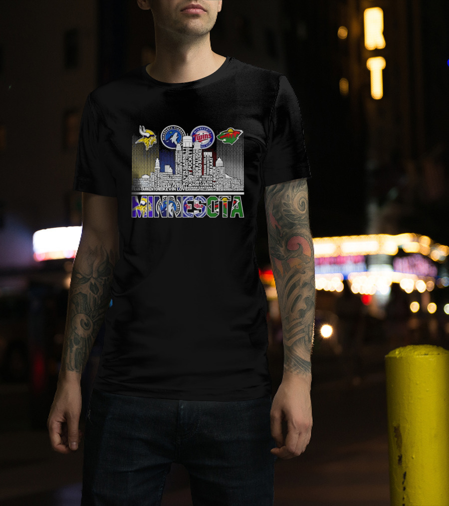 Minnesota Vikings Timberwolves Twins Wild Skyline Roster Names T-Shirt