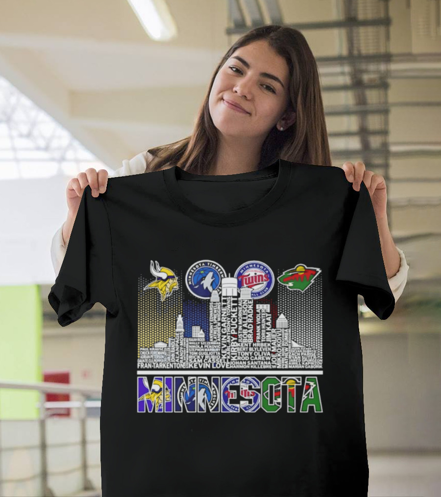 Minnesota Vikings Timberwolves Twins Wild Skyline Roster Names T-Shirt