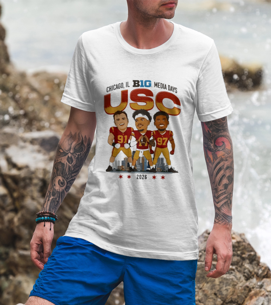 USC Trojans Big Ten Media Days 2026 Chicago Skyline Caricature Jayden Maiava Alex VanSumeren Jide Abasiri T-Shirt