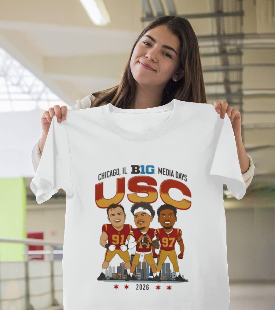 USC Trojans Big Ten Media Days 2026 Chicago Skyline Caricature Jayden Maiava Alex VanSumeren Jide Abasiri T-Shirt