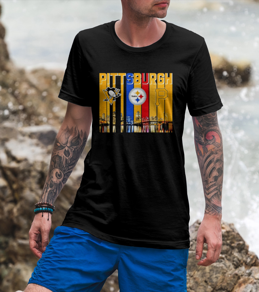 Pittsburgh Penguins Steelers Pirates City Skyline 2026 Sports Teams T-Shirt