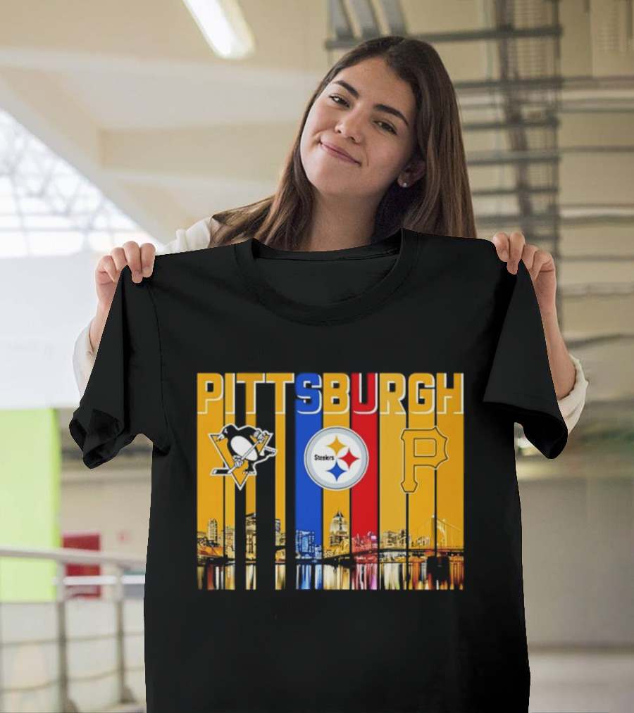 Pittsburgh Penguins Steelers Pirates City Skyline 2026 Sports Teams T-Shirt