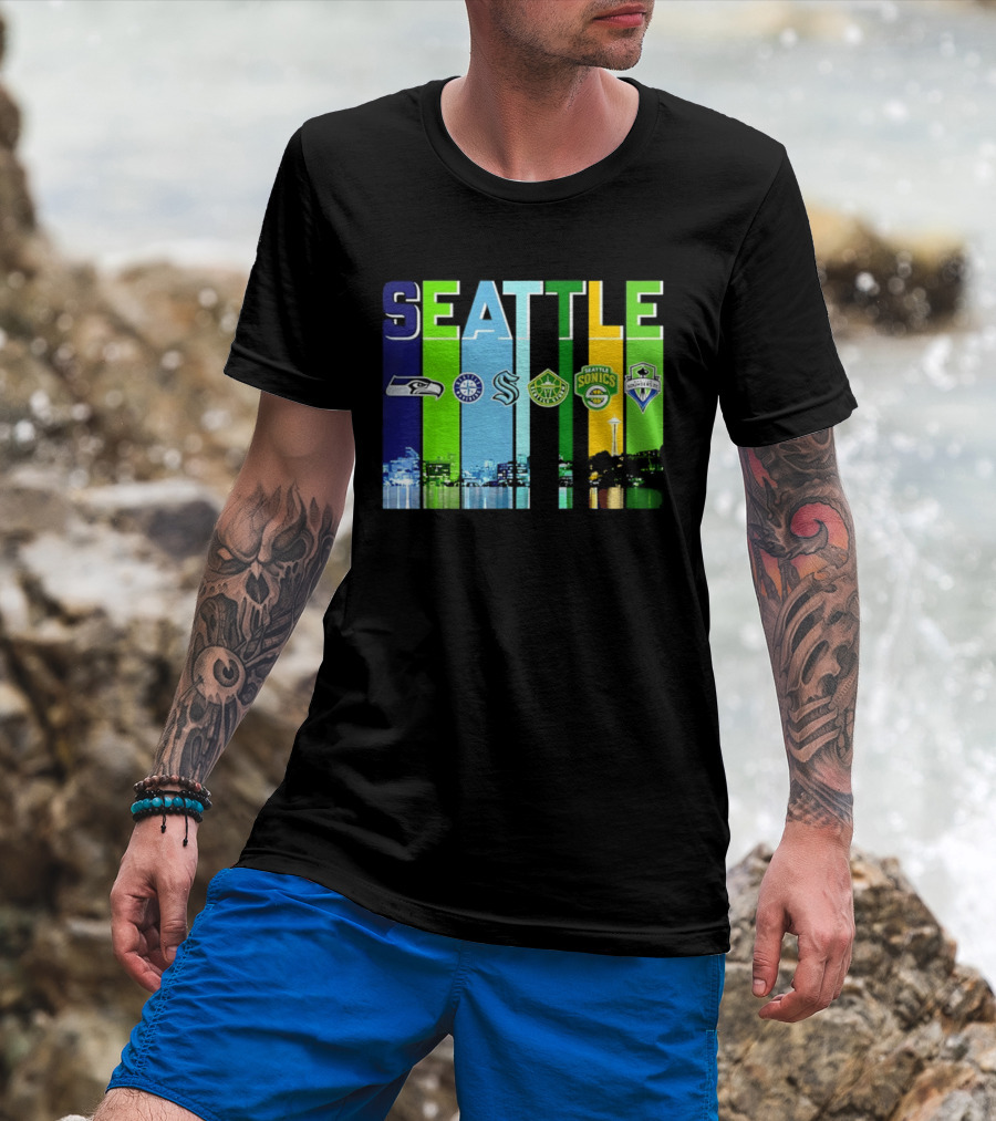 Seattle Seahawks Mariners Kraken Sonics Storm Sounders City Skyline T-Shirt