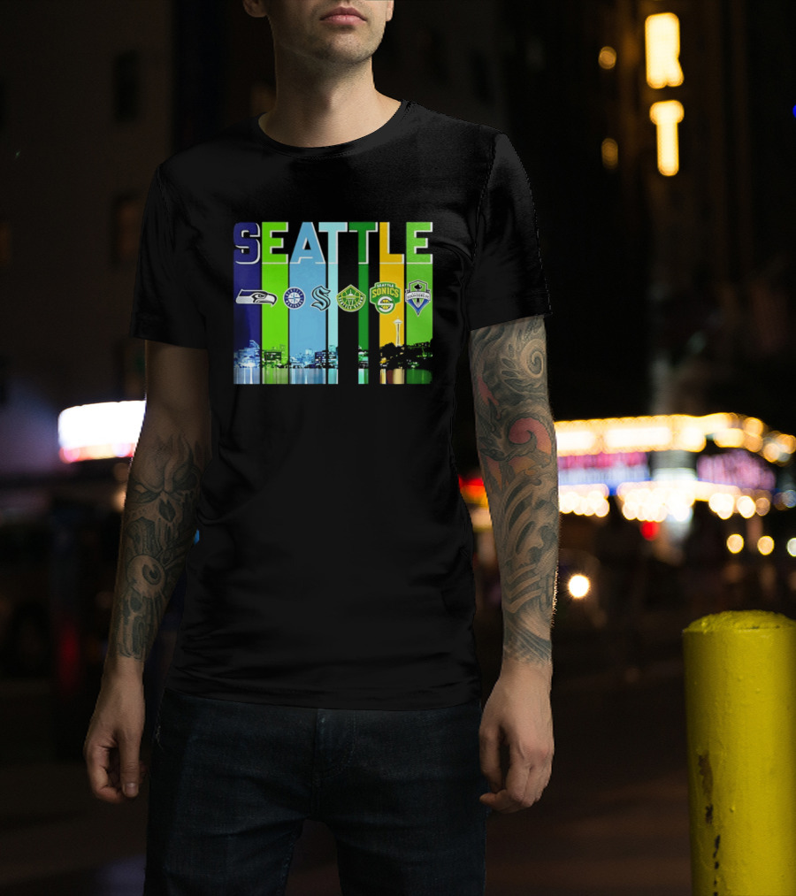 Seattle Seahawks Mariners Kraken Sonics Storm Sounders City Skyline T-Shirt