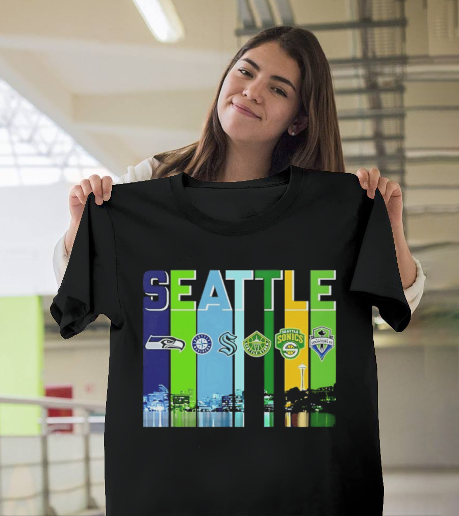 Seattle Seahawks Mariners Kraken Sonics Storm Sounders City Skyline T-Shirt