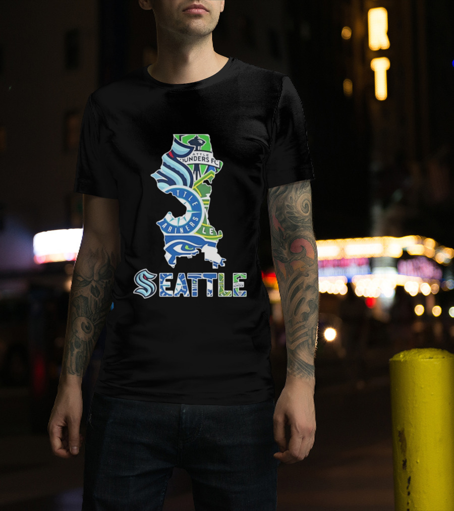Seattle Kraken Mariners Seahawks Sounders FC Map Collage 2026 T-Shirt