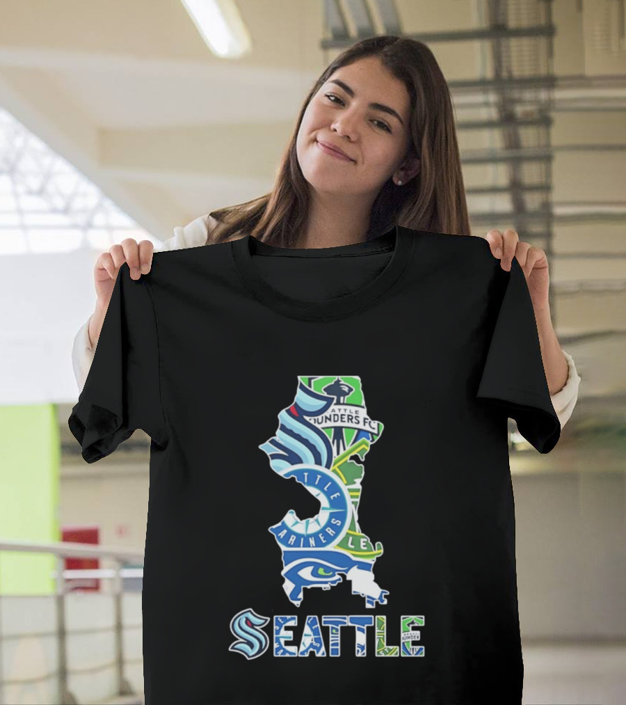 Seattle Kraken Mariners Seahawks Sounders FC Map Collage 2026 T-Shirt