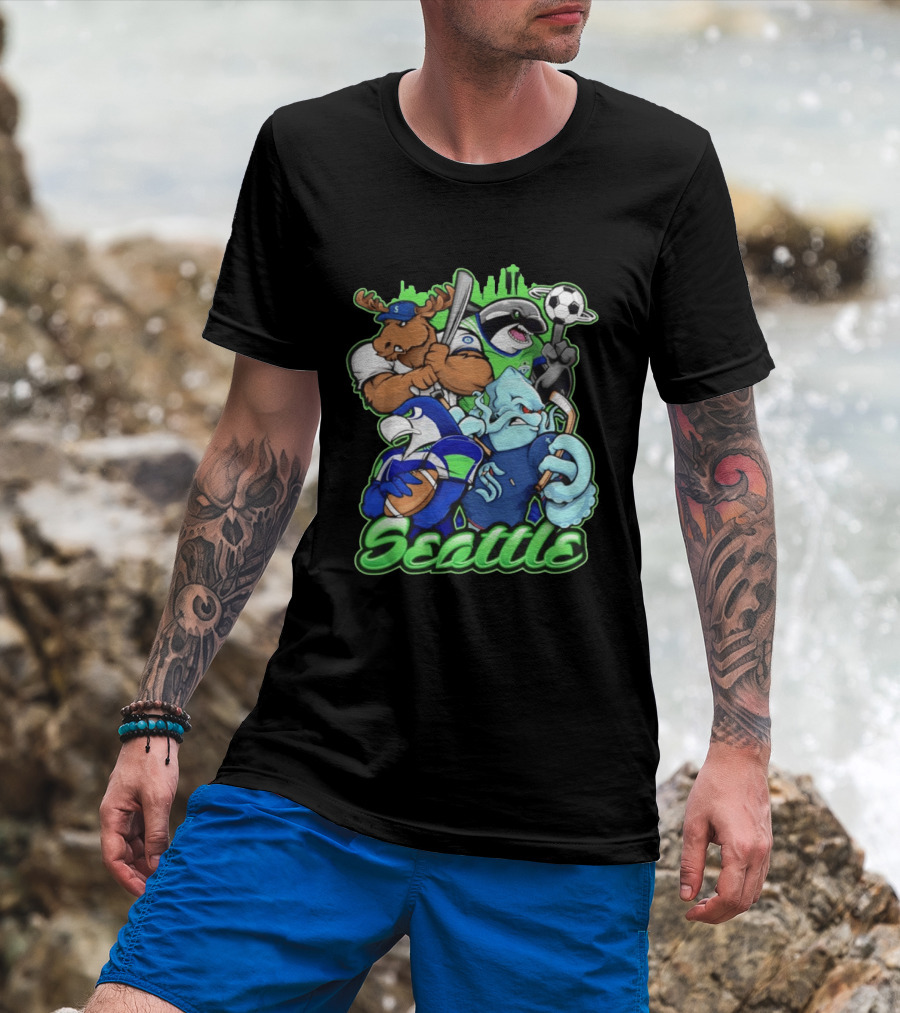 Seattle Sports Team Mascot Mashup With Moose Orca Octopus Bird Skyline T-Shirt