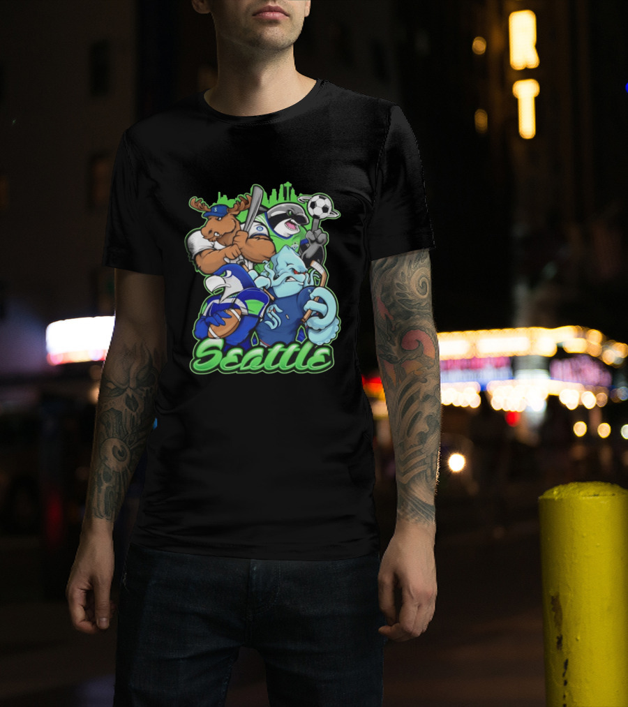 Seattle Sports Team Mascot Mashup With Moose Orca Octopus Bird Skyline T-Shirt